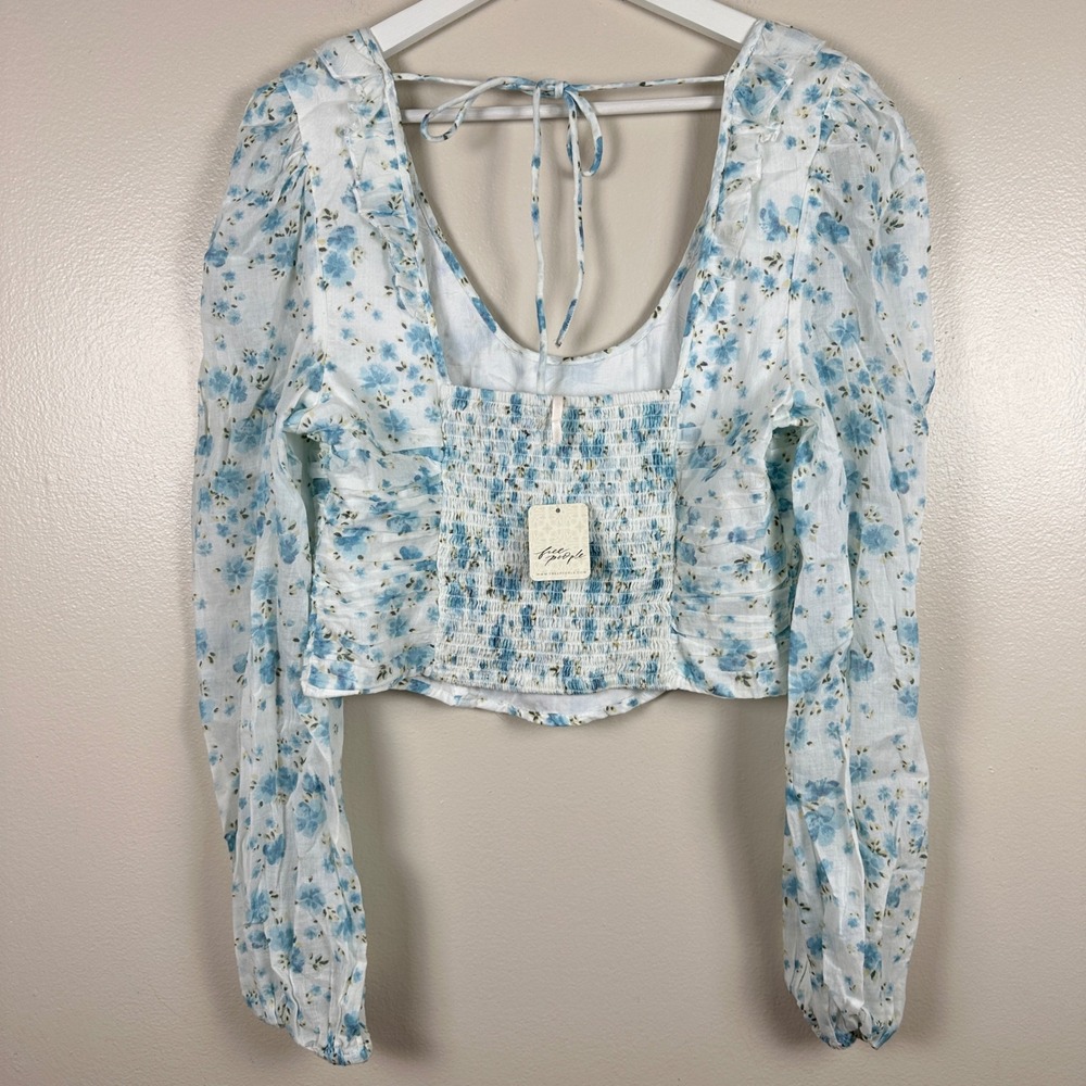 Free People Women's Large Crop Top Blue Floral Smocked Back Ruffle OB1612127
